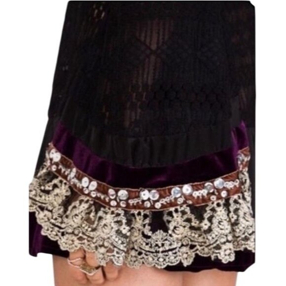 RARE Free People Black Lace Velvet Silk Bell Sleeve Whimsigoth Mini Dress Tunic - Picture 7 of 16